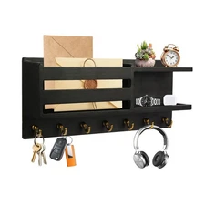 Black Wood Key Holder Wall Mount Mail Organizer with Small Tray 7 Hooks