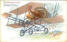 Thanksgiving Aviation Turkey Flies Biplane Embossed Fantasy Vintage Postcard