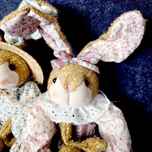 Vintage Mr & Mrs Bunny Rabbit Plush Stuffed Country Dressed 16" Sitters Easter - Picture 3 of 24