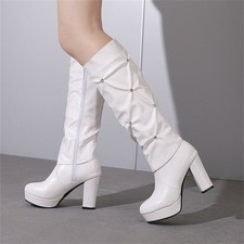 Women's Fashion Knee High Boots Platform Round Toe Block Heel Winter Dress Shoes