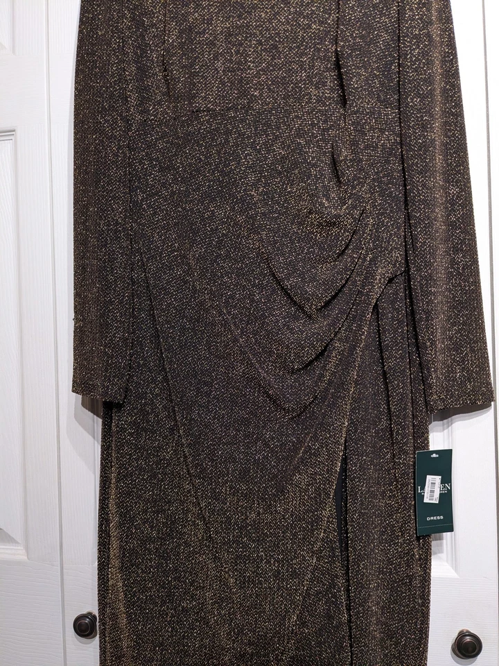 Lauren Ralph Lauren Dress Womens 14 Black Gold Metallic Ruched Long Sleeve NWT - Image 2 of 4