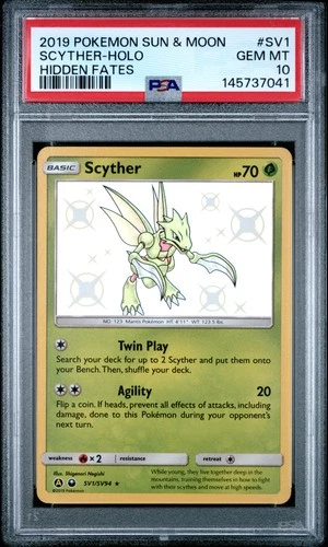 2019 POKEMON SUN & MOON HIDDEN FATES #SV1 SCYTHER-HOLO PSA 10