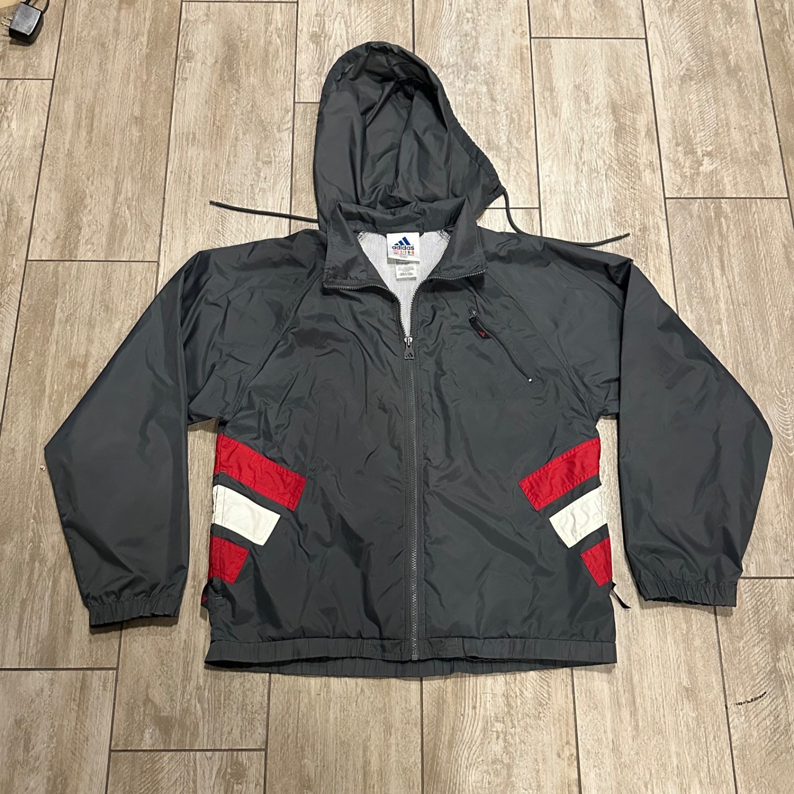 Vintage Adidas Gray Zip-Up Hooded Windbreaker with Red & White Stripes Size Small