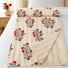 Floral Kantha Quilt King Size Bedspread Blanket Hand Block Print handmade quilt