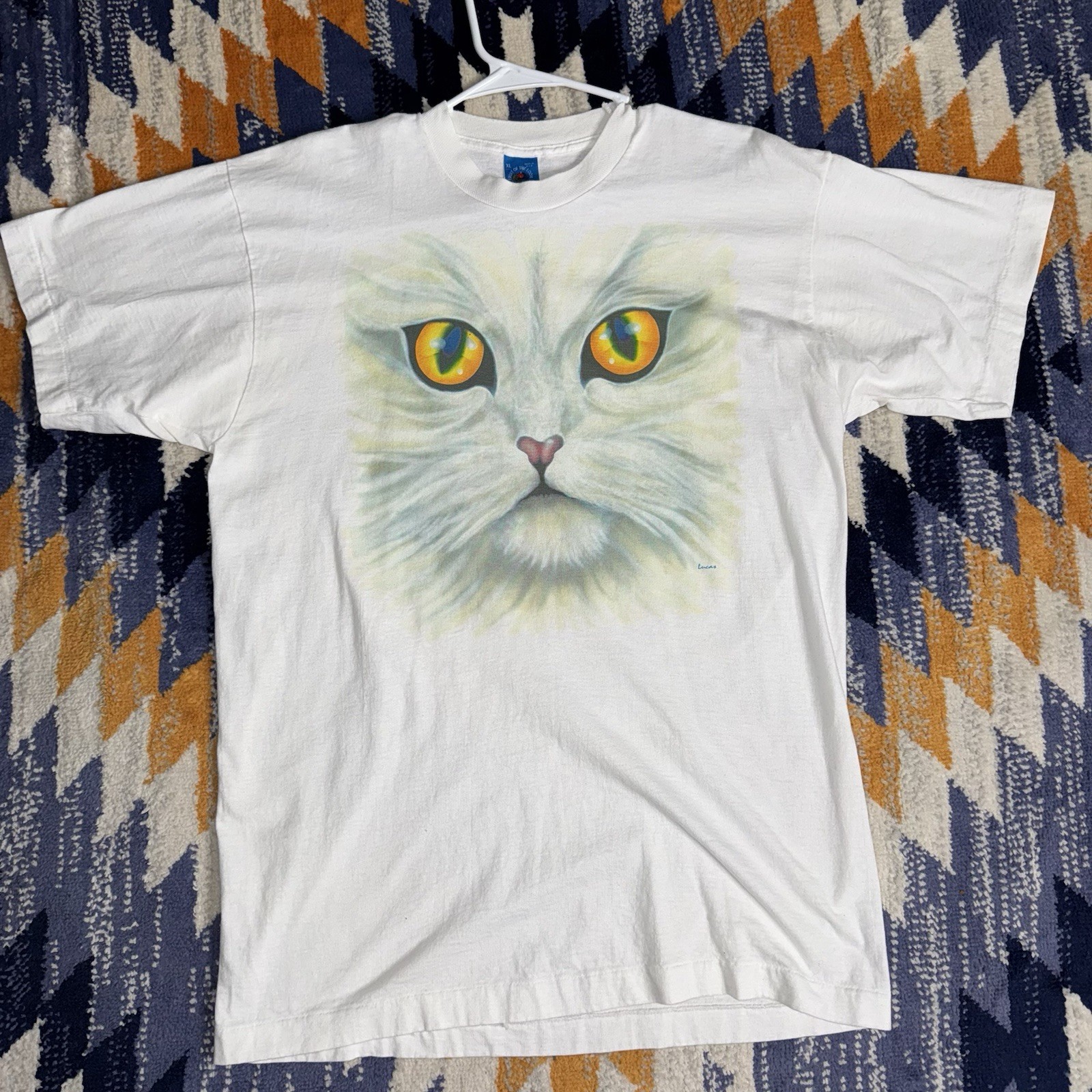 Vintage Large Cat W/Green Eyes Graphic Tee Single Stitch Fruit Of Loom TShirt XL