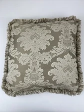 Damask Designer Fringed Reversible Throw Pillow 16”x16” Beige