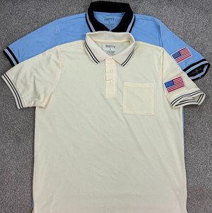 2 Smitty Performance Umpire Polo Shirts US Flag Patches Mens L Egg Shell & Blue