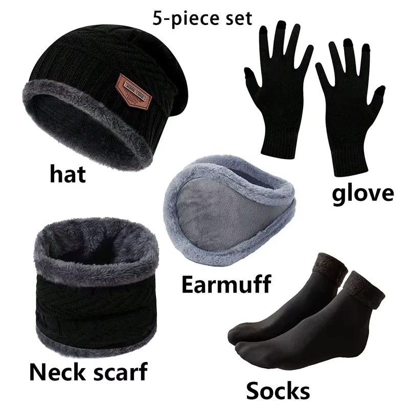 Unisex Gorro Térmico Polar Tejido Conjunto 5 Piezas Sombrero Guantes Cuello Capucha Oreja Cubiertas Calcetines Foto 3 de 4