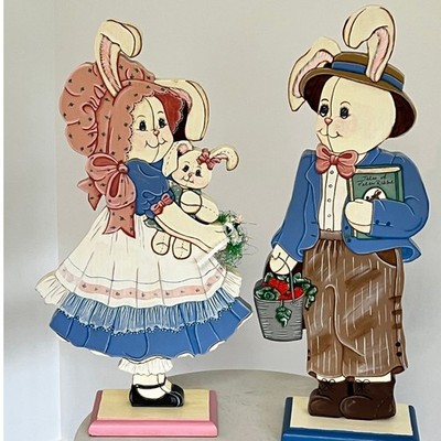Vtg Hand Painted Wood Bunny Figurines Primitive Cottagecore Country Farmhouse