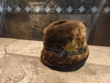 Vintage Faux Fur Hat Union Made in USA Mens Size Medium Brown two tone w/feather