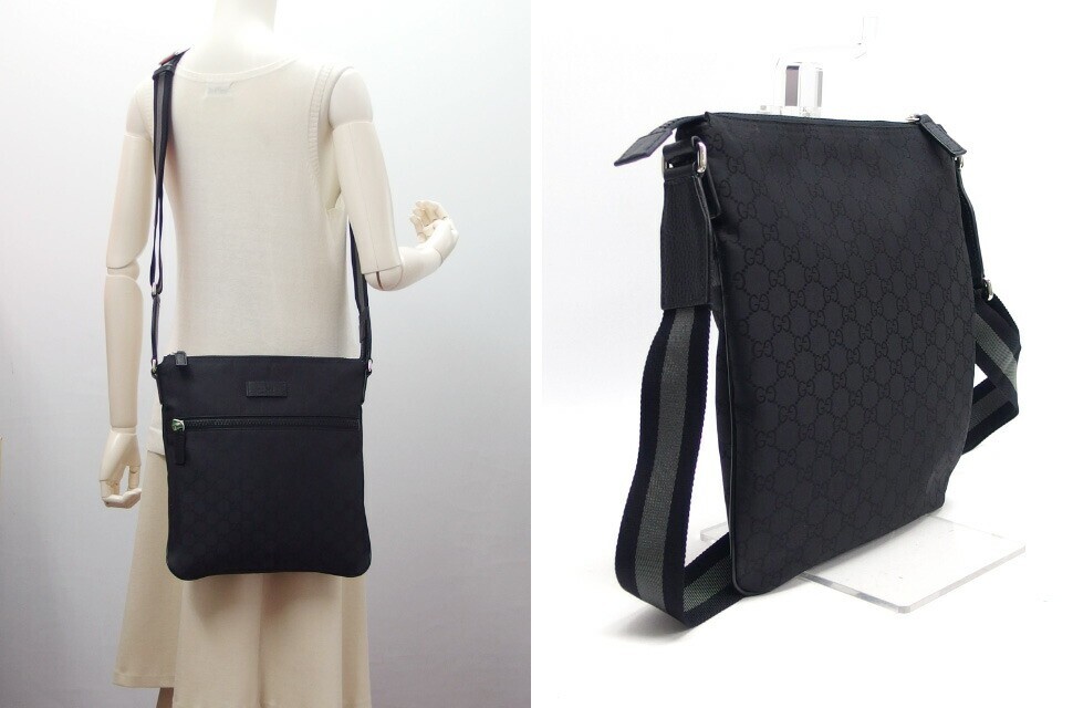 Gucci GG Supreme Messenger Shoulder Bag Nylon Leather Black Web