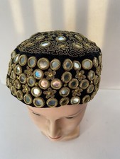 Antique Gold Tone Metal Thread Embroidered Cap Hat Velvet Mirrored Black Vintage