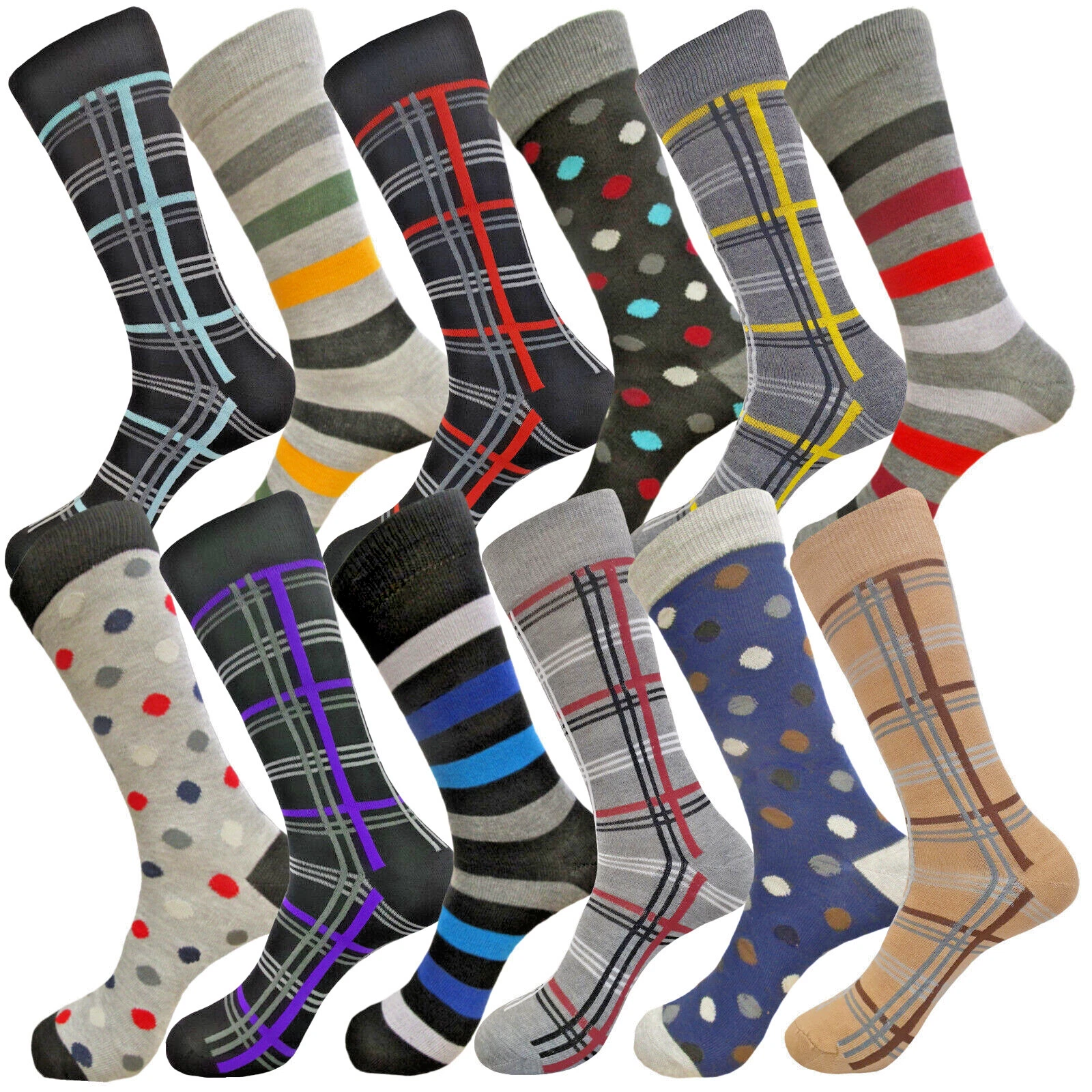 12 PK DRESS SOCKS Polka Dots Striped SIZE 10-13 COTTON SOCKS FIRST QUALITY