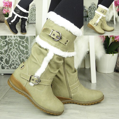 Winter Boots Ladies Shoes Sole Faux Fur Mid Calf Warm Grip Lined Snow