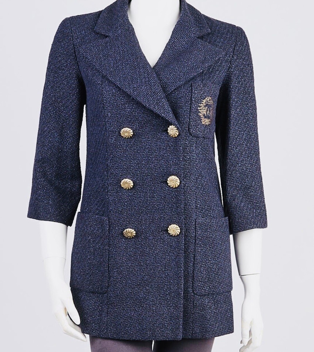 CHANEL Paris Spring 2012 CC Blue Cotton Blend Double Breasted