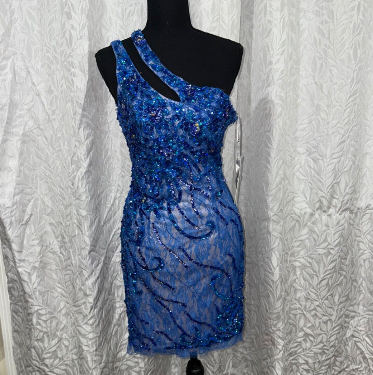 Sherri hill cocktail royal blue open back one shoulder mini dress