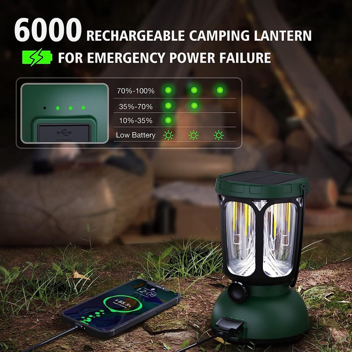 6000 LED Camping Lantern 650LM Hand Crank Solar Battery Powered  Rechargeable