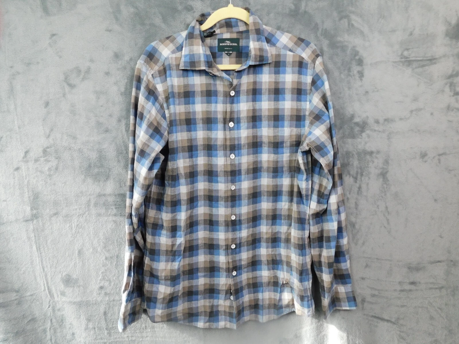 Rod & Gunn Shirt Mens Large Blue Tan Plaid Linen Button Up Sports Fit Thorndon
