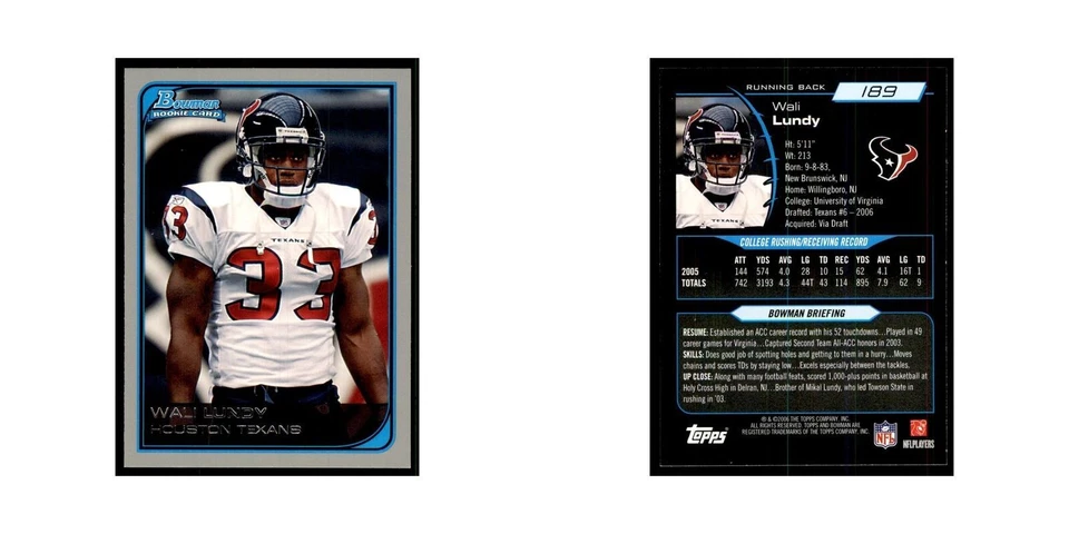 2006 Bowman Wali Lundy Football Cards #189 - Image 3 of 3