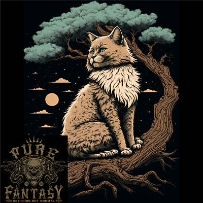 a Moon Cat Sitting on a Tree Fantasy Herren T-Shirt aus leichter Baumwolle