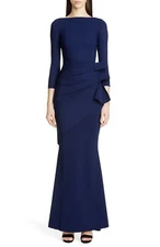 CHIARA BONI La Petite Robe Navy Blu Notte Side Ruffle Mermaid Maxi Gown 36 0 XS
