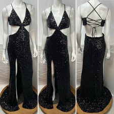 Fashion Nova Women's M Black Strappy Sequins Long Formal Cut Out Ball Gown Dress