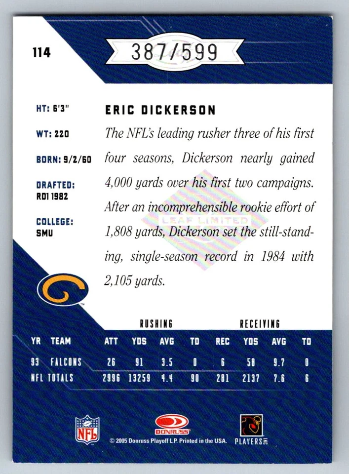 2005 Leaf Limited Eric Dickerson 114 387/599 - Image 2 of 2