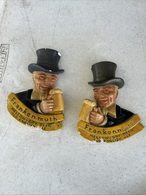 VTG Pair Frankenmuth Mellow-Dry Beer Old English Ale Chalkware Signs Bar Mancave