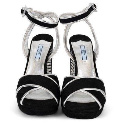 73392 auth PRADA black suede & silver leather CRYSTAL HEEL Sandals