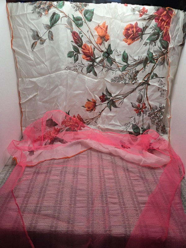 Vintage scarf for women with orange roses with a bright pink scarf