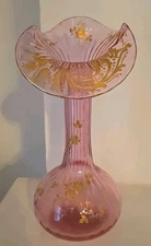 Antique Victorian Pink Art Glass Jack-In-The-Pulpit Ruffled Rim Vase Gold Enamel