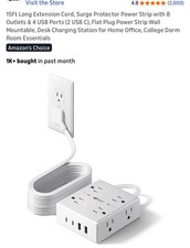 15ft Surge Protector Power Strip 8 Outlets 4 USB (2 USB-C) Flat Plug Wall Mount