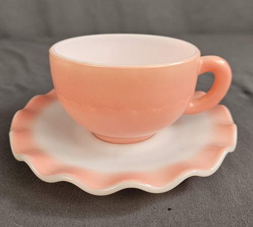 Vintage Hazel Atlas Ripple Pink Cup & Saucer Set aka Crinoline 1950s Milk Glass - Picture 1 of 9