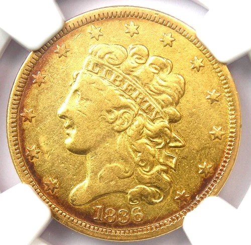 1836 Classic Gold Half Eagle $5 Coin - Certified NGC XF Details (EF) - Rare!