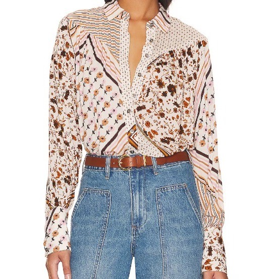 Free People Hazel Patchwork Button Down Blouse in… - image 1