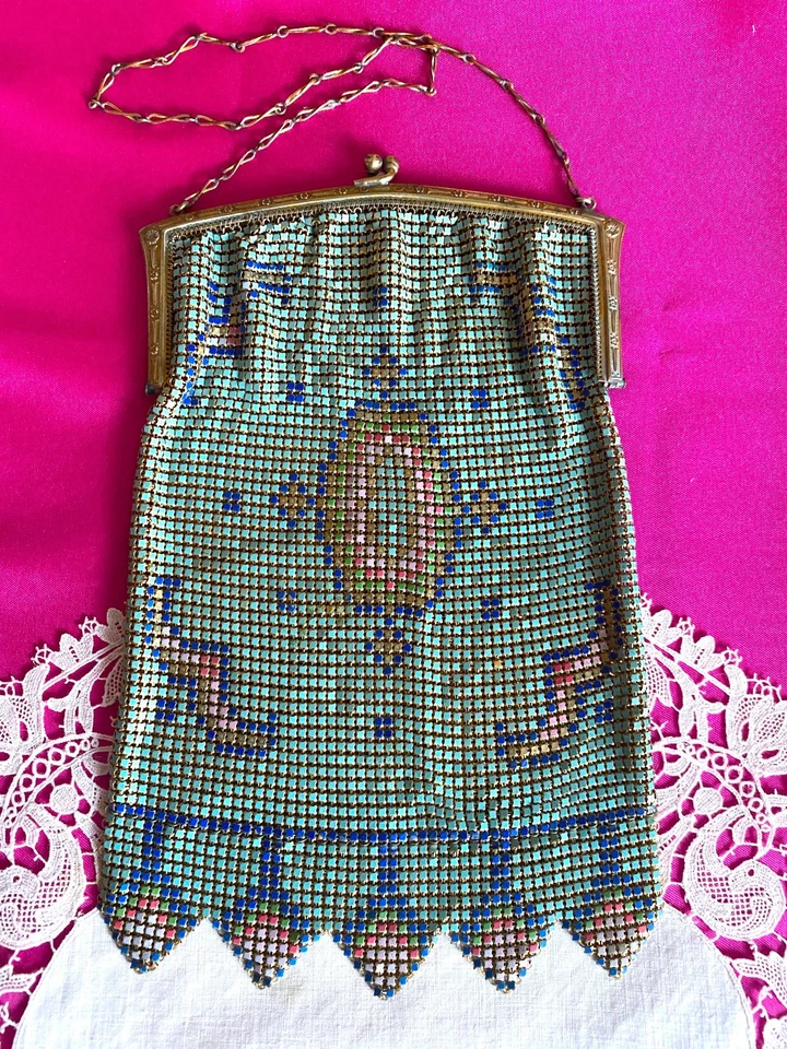 Excelente Bolso de Mano Grande ANTIGUO 1920 Malla Esmaltada DECO Aleta Cartera Aqua Grande Foto 2 de 4