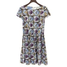 PRADA Cotton Flower Art Short Sleeve Dress Back Zip 38S White Blue Women USED
