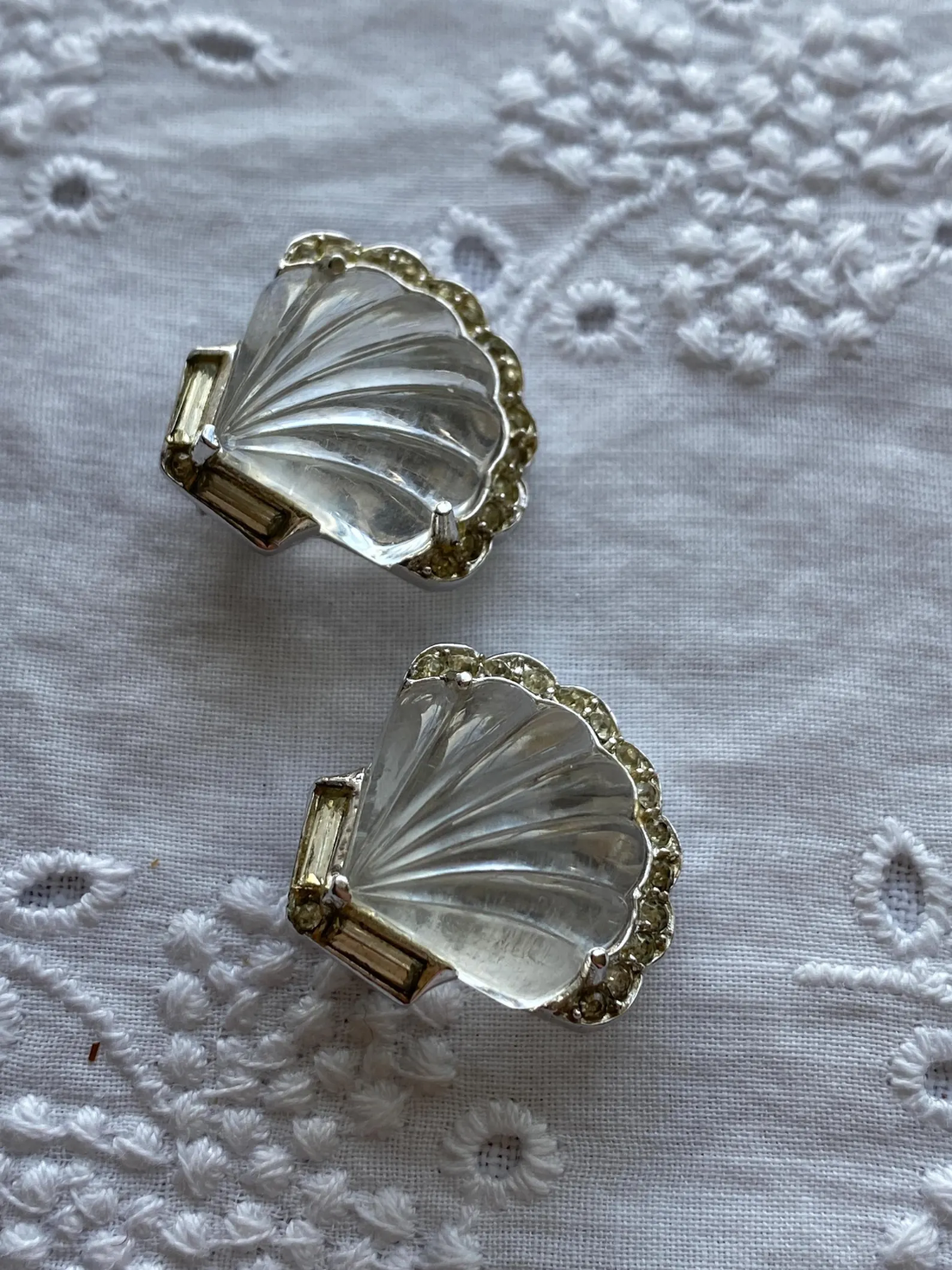 RARE Crown Trifari Moonshell Jelly Belly Clip On Earrings by Alfred Philippe