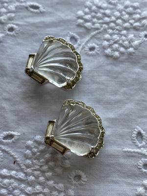 RARE Crown Trifari Moonshell Jelly Belly Clip On Earrings by Alfred Philippe