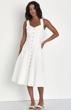 Lulus White Solid A-Line Midi Dress S Sleeveless Sweetheart Button Front