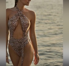 PQ Swim Alex Halter One Piece Swimsuit In Leopard SZ L NWT