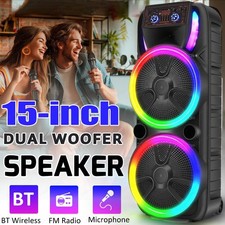 Dual 15 inch Bluetooth PA Speaker System with Wireless 2 Mics Remote Karaoke DJ
