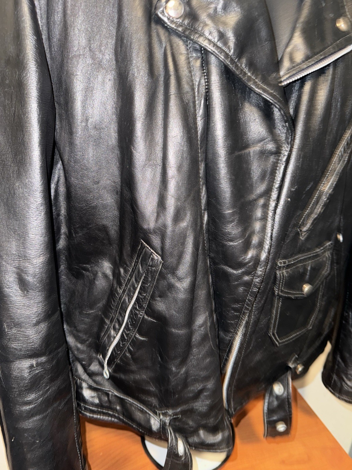 RARE Vintage 1960s Black Leather Motorcycle Biker Jacket XL46 Snoopy Flying Ace image 8
