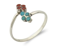 Vintage Zuni Ring 925 Silver Coral  Turquoise Snake Eye Inlay