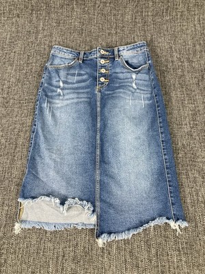 KanCan Damen Button Fly Distressed blau Denim Midirock roher Saum S