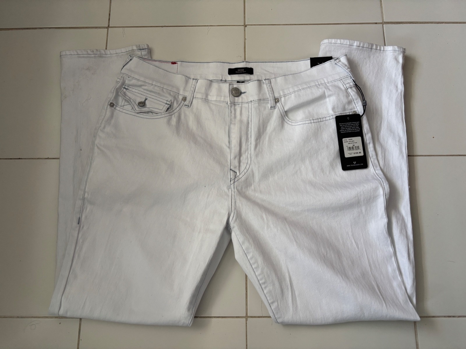 True Religion Men's Geno Relaxed Slim Jeans Sz 36X32 Optic White Flap Pocket NWT