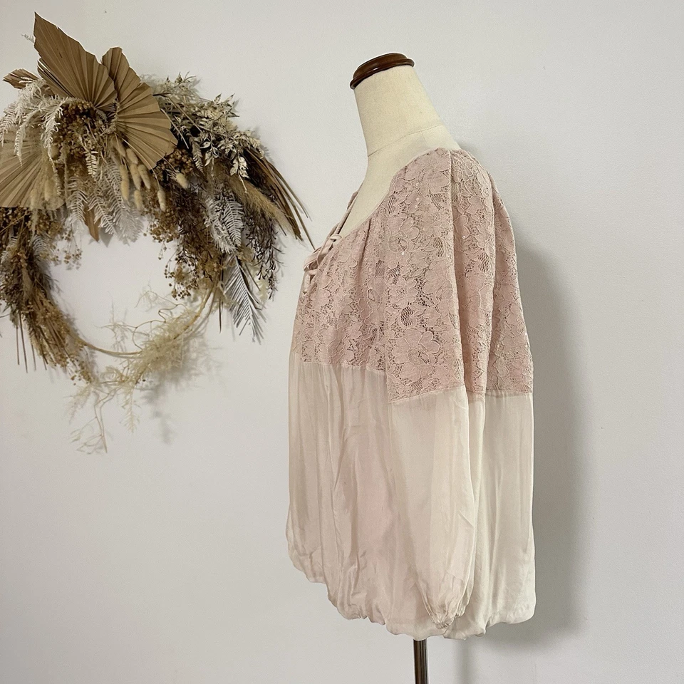 Imagine Silk Overlay Top Lace Pink Balloon Sleeve ONE SIZE Boho - image 3 of 4