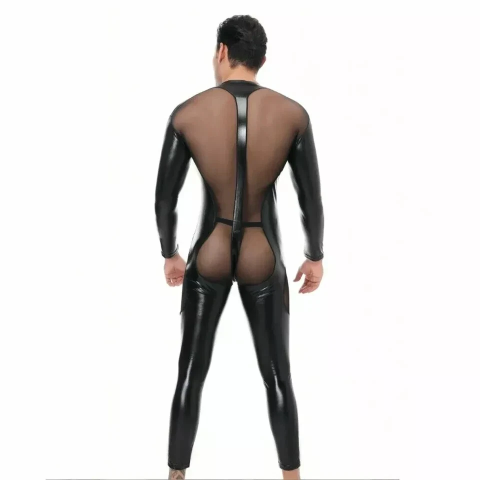 Fetiche Hombres Hombre Cuero PU Malla Apretado Body Mono Brillante Manga Larga Disfraz Foto 3 de 4
