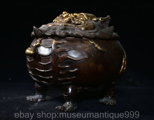 6.4" Old Chinese Copper Bronze Gilt Dynasty Lion Beast censer incense burner - Picture 2 of 8