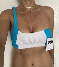 NWT BOHO ROSE One Shoulder Crop Top Crinckle Bikini Blue and White